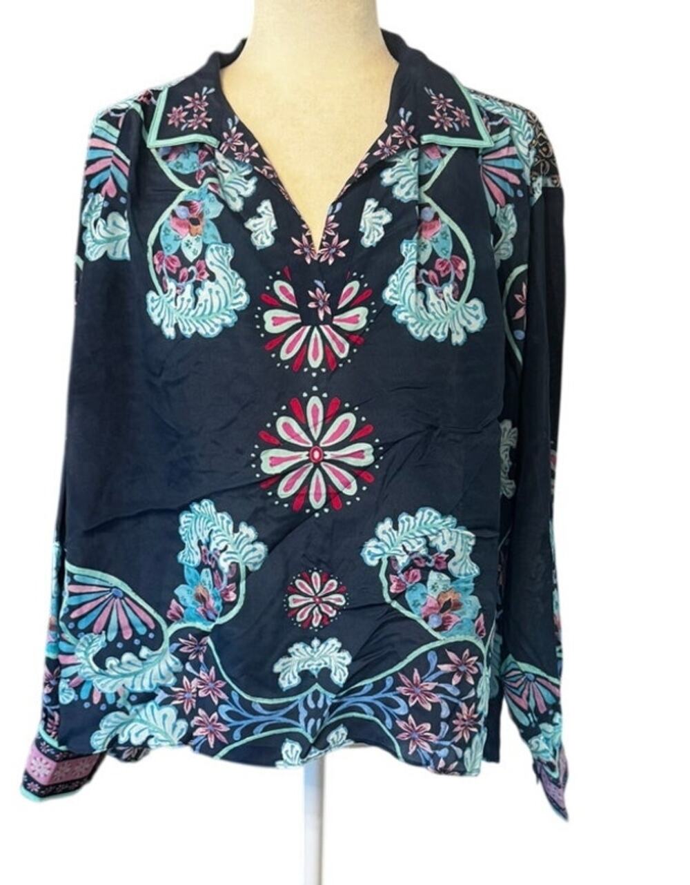 Jade by Johnny Was Silk Blend Floral Boho Tunic Top Size Large Oversized